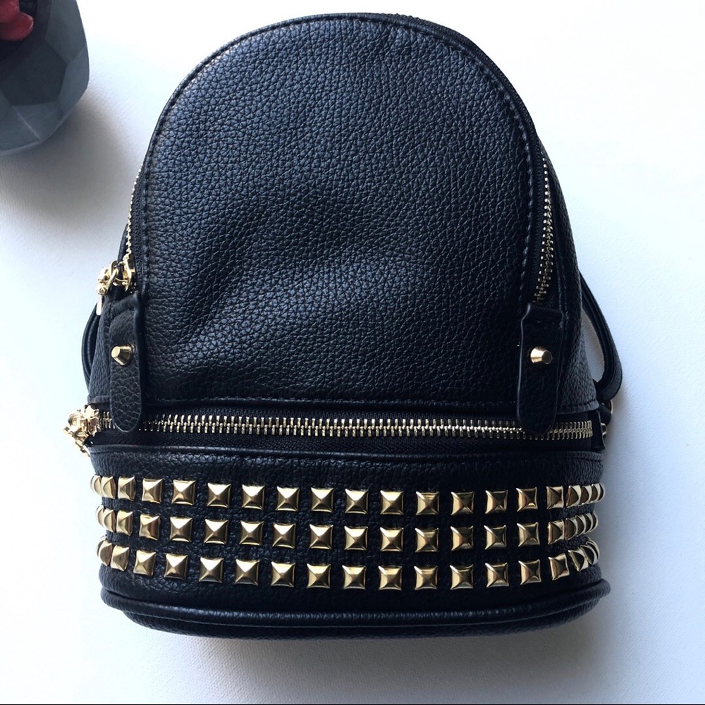 Black Vegan leather Mini backpack gold studs - Picture 2 of 8